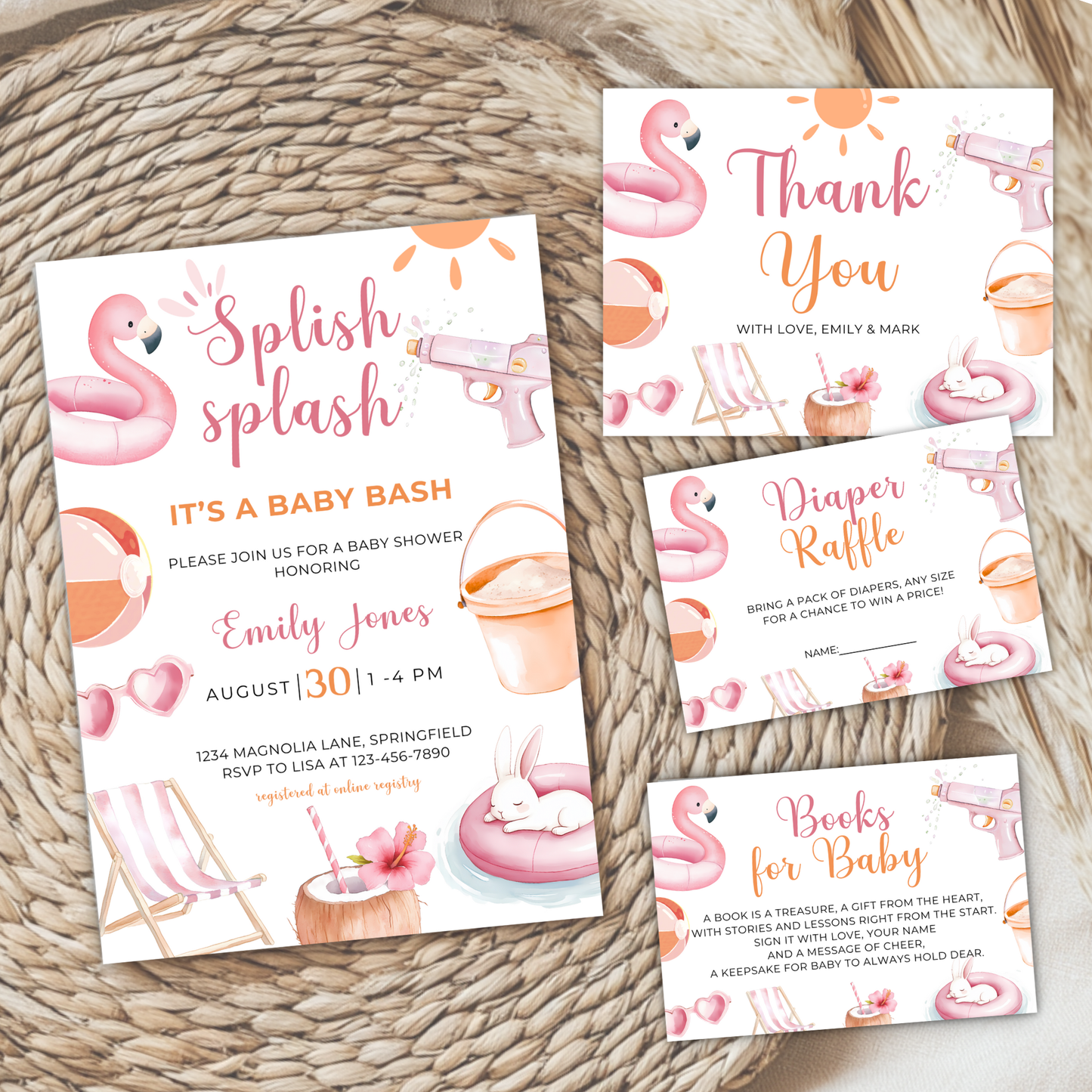 Baby Shower Invitation Bundle - Pink Pool Party Splish Splash Summer Bash BS141