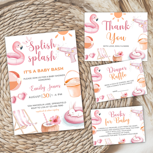 Baby Shower Invitation Bundle - Pink Pool Party Splish Splash Summer Bash BS141