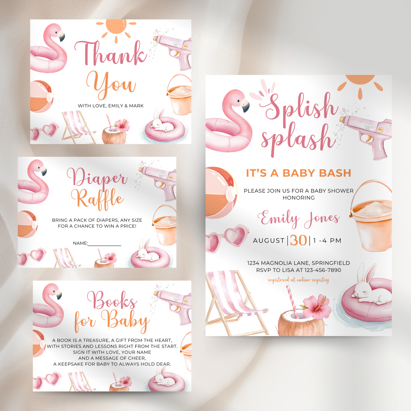 Baby Shower Invitation Bundle - Pink Pool Party Splish Splash Summer Bash BS141