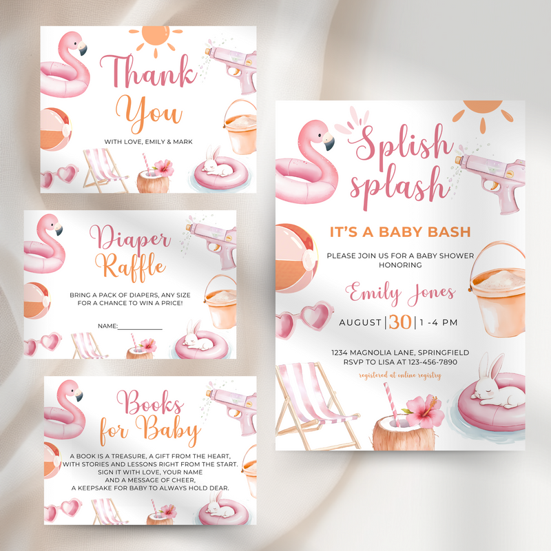 Baby Shower Invitation Bundle - Pink Pool Party Splish Splash Summer Bash BS141