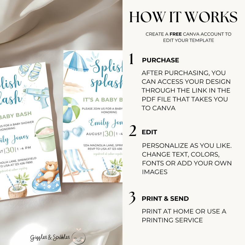 Baby Shower Invitation Bundle - Blue Splish Splash Baby Bash Pool Party Beach BS142