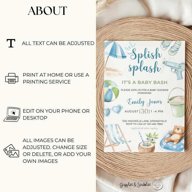 Baby Shower Invitation Bundle - Blue Splish Splash Baby Bash Pool Party Beach BS142