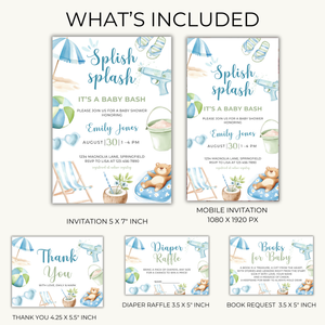 Baby Shower Invitation Bundle - Blue Splish Splash Baby Bash Pool Party Beach BS142
