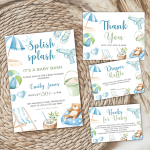 Baby Shower Invitation Bundle - Blue Splish Splash Baby Bash Pool Party Beach BS142