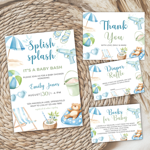 Baby Shower Invitation Bundle - Blue Splish Splash Baby Bash Pool Party Beach BS142