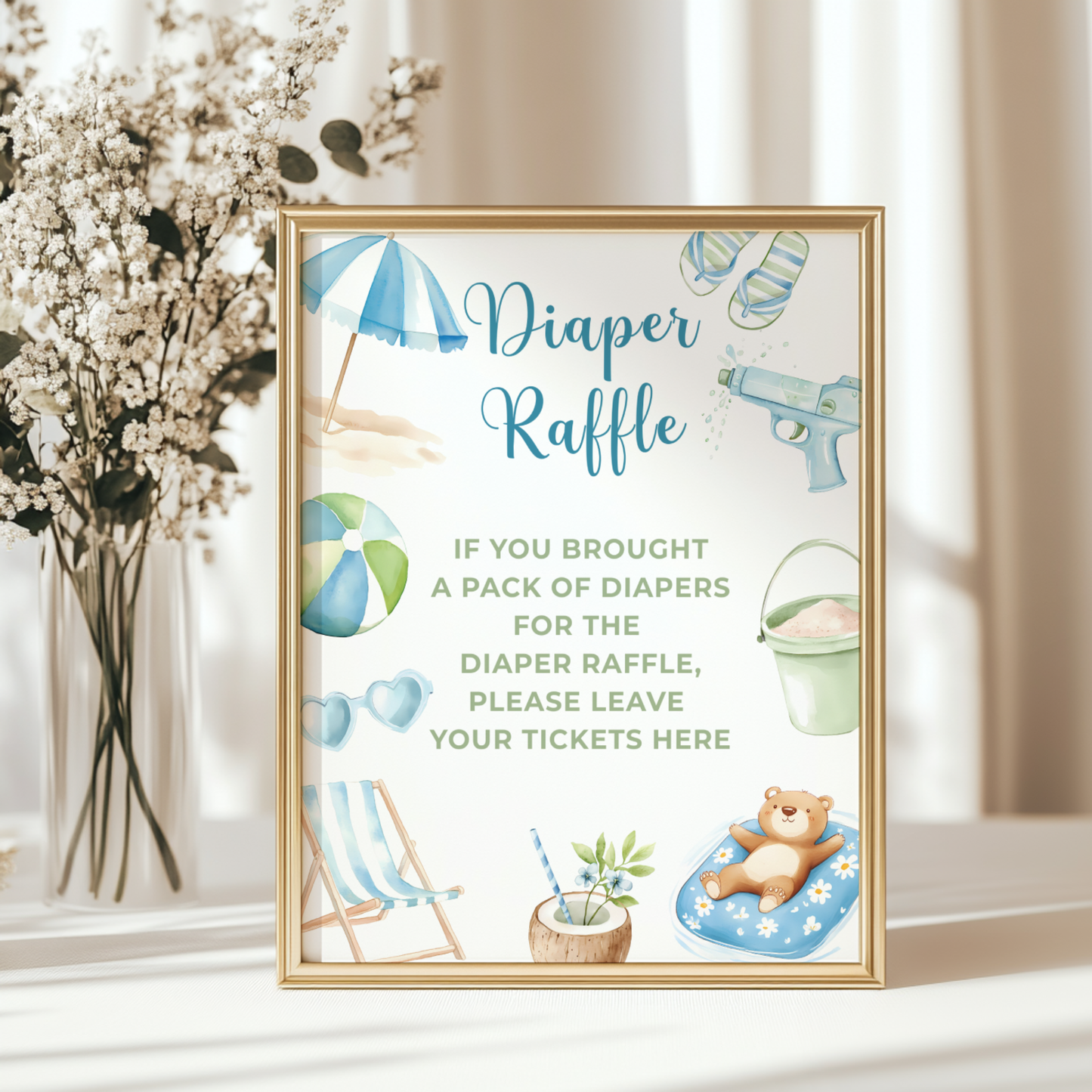 Baby Shower Table Sign Bundle - Splish Splash Summer Pool Party Blue Beach BS142