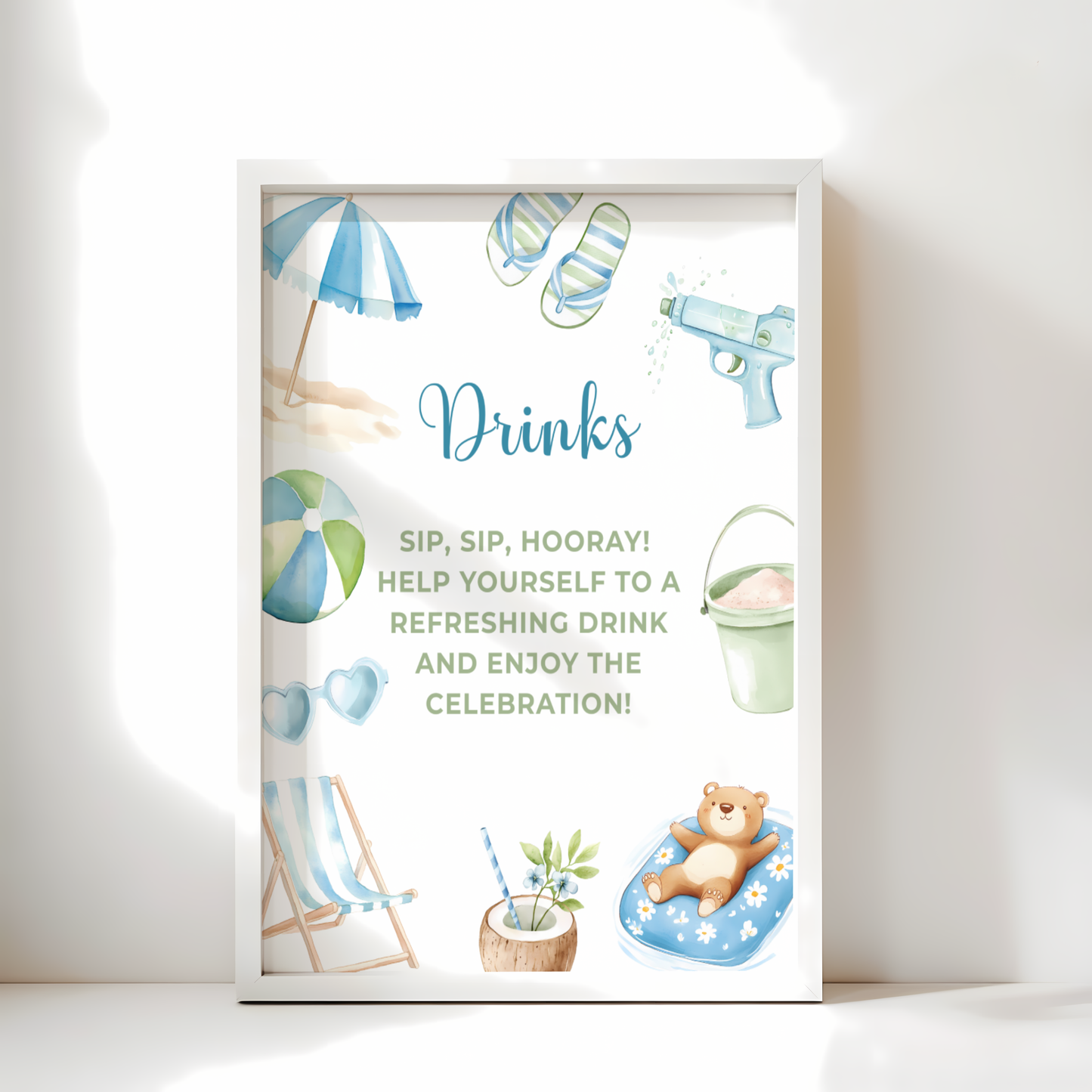Baby Shower Table Sign Bundle - Splish Splash Summer Pool Party Blue Beach BS142
