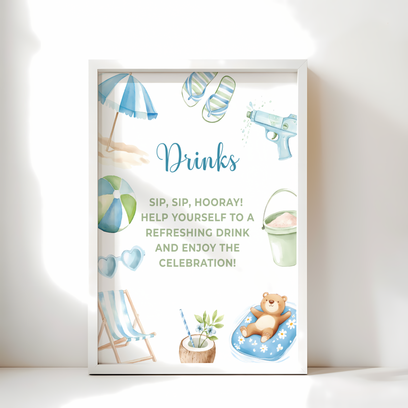 Baby Shower Table Sign Bundle - Splish Splash Summer Pool Party Blue Beach BS142