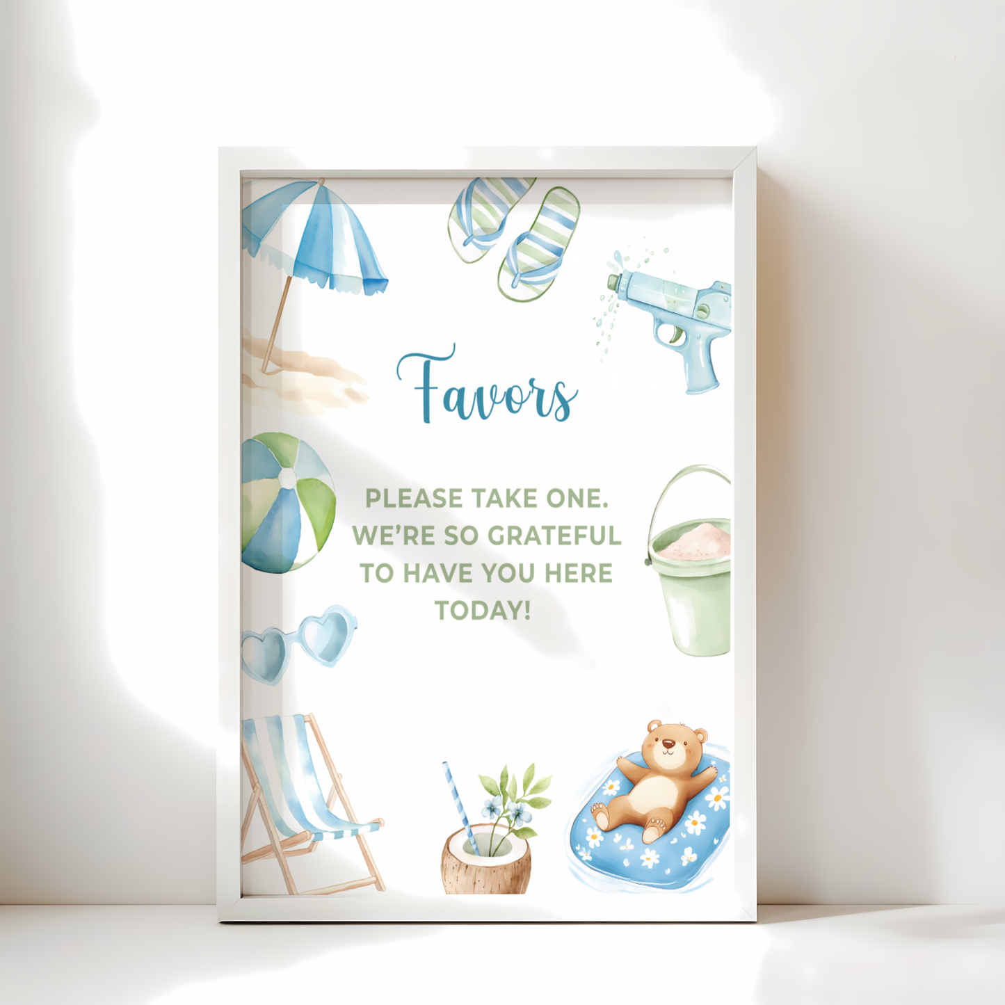 Baby Shower Table Sign Bundle - Splish Splash Summer Pool Party Blue Beach BS142