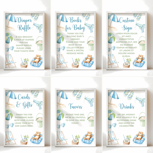 Baby Shower Table Sign Bundle - Splish Splash Summer Pool Party Blue Beach BS142