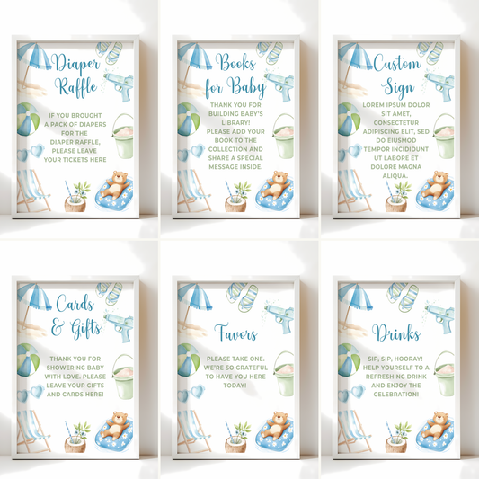 Baby Shower Table Sign Bundle - Splish Splash Summer Pool Party Blue Beach BS142