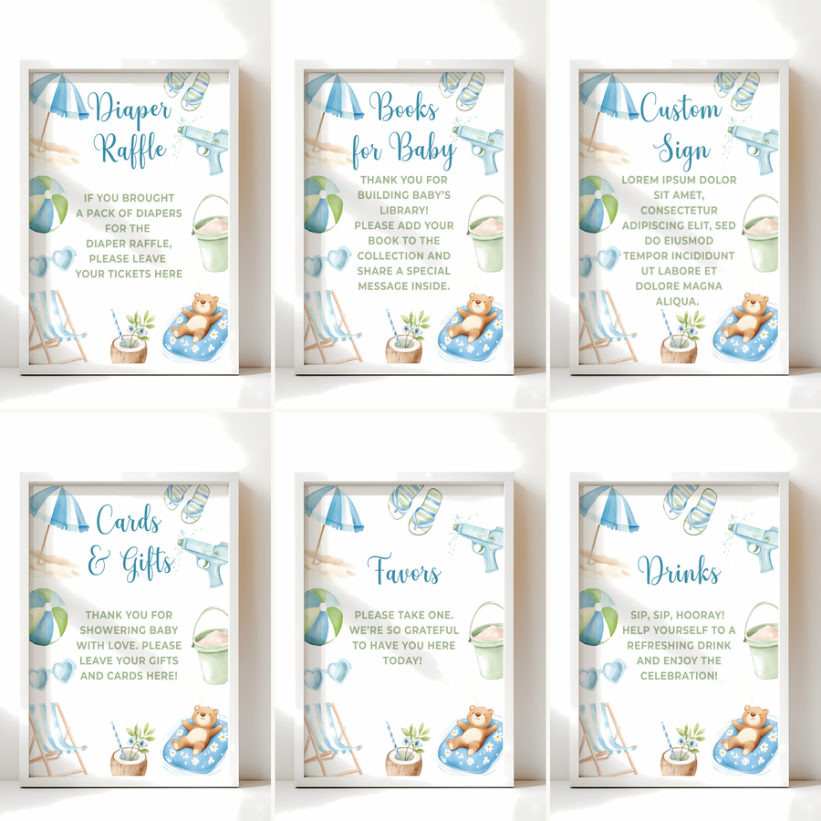 Baby Shower Table Sign Bundle - Splish Splash Summer Pool Party Blue Beach BS142