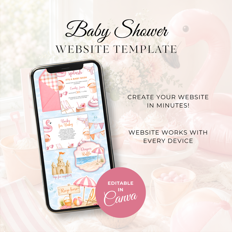 Pink Splish Splash Baby Shower Website Invitation with RSVP BS141