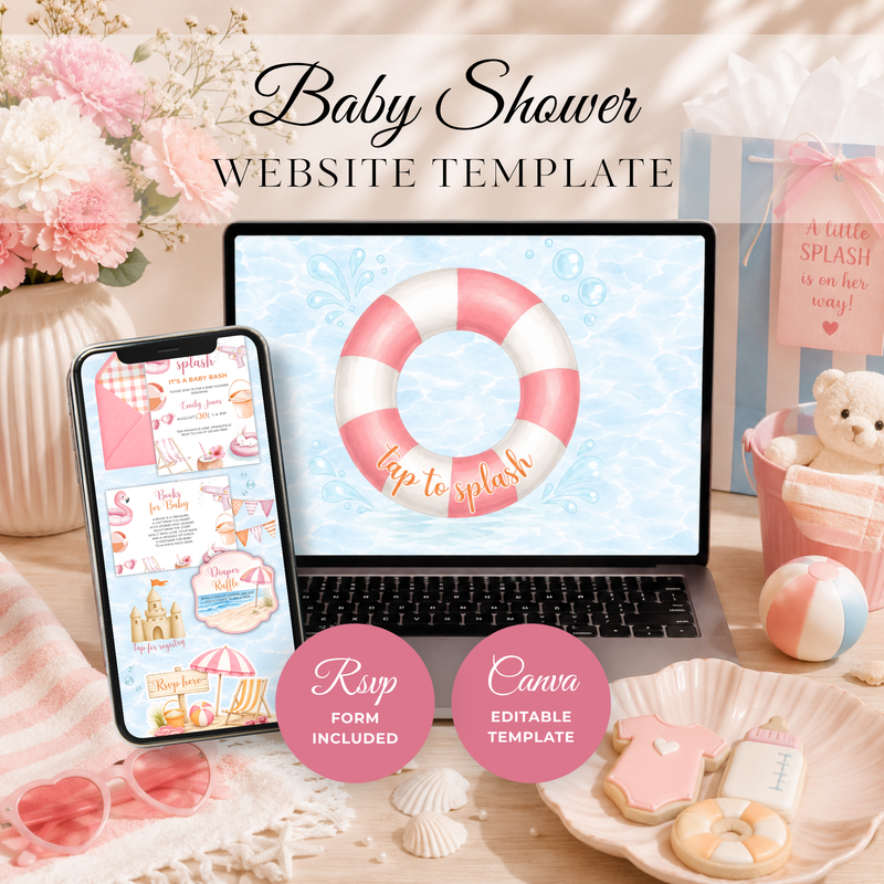 Pink Splish Splash Baby Shower Website Invitation with RSVP BS141