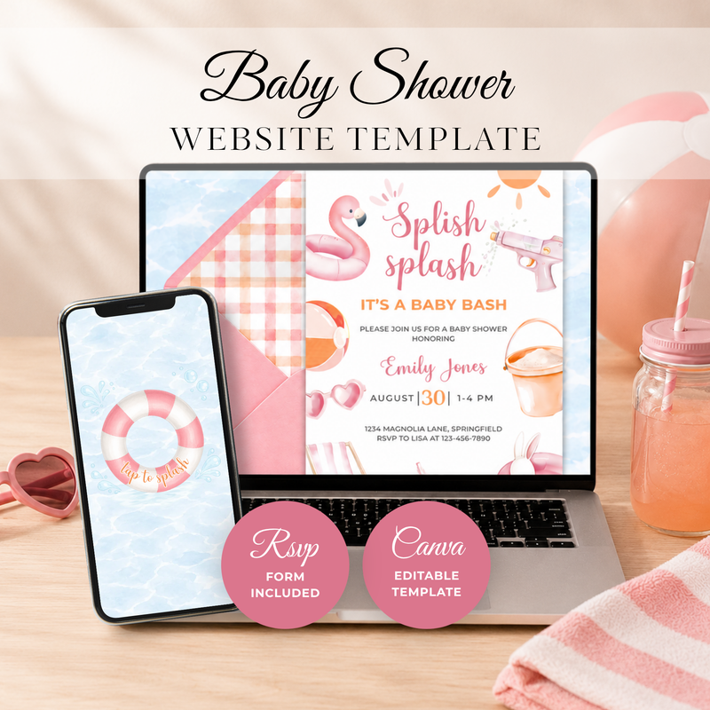 Pink Splish Splash Baby Shower Website Invitation with RSVP BS141