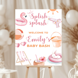 Baby Shower Welcome Sign - Pink Summer Pool Party Beach Baby Bash BS141