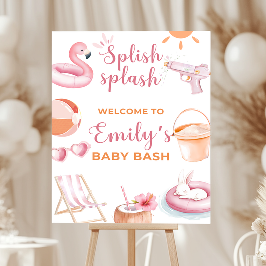 Baby Shower Welcome Sign - Pink Summer Pool Party Beach Baby Bash BS141
