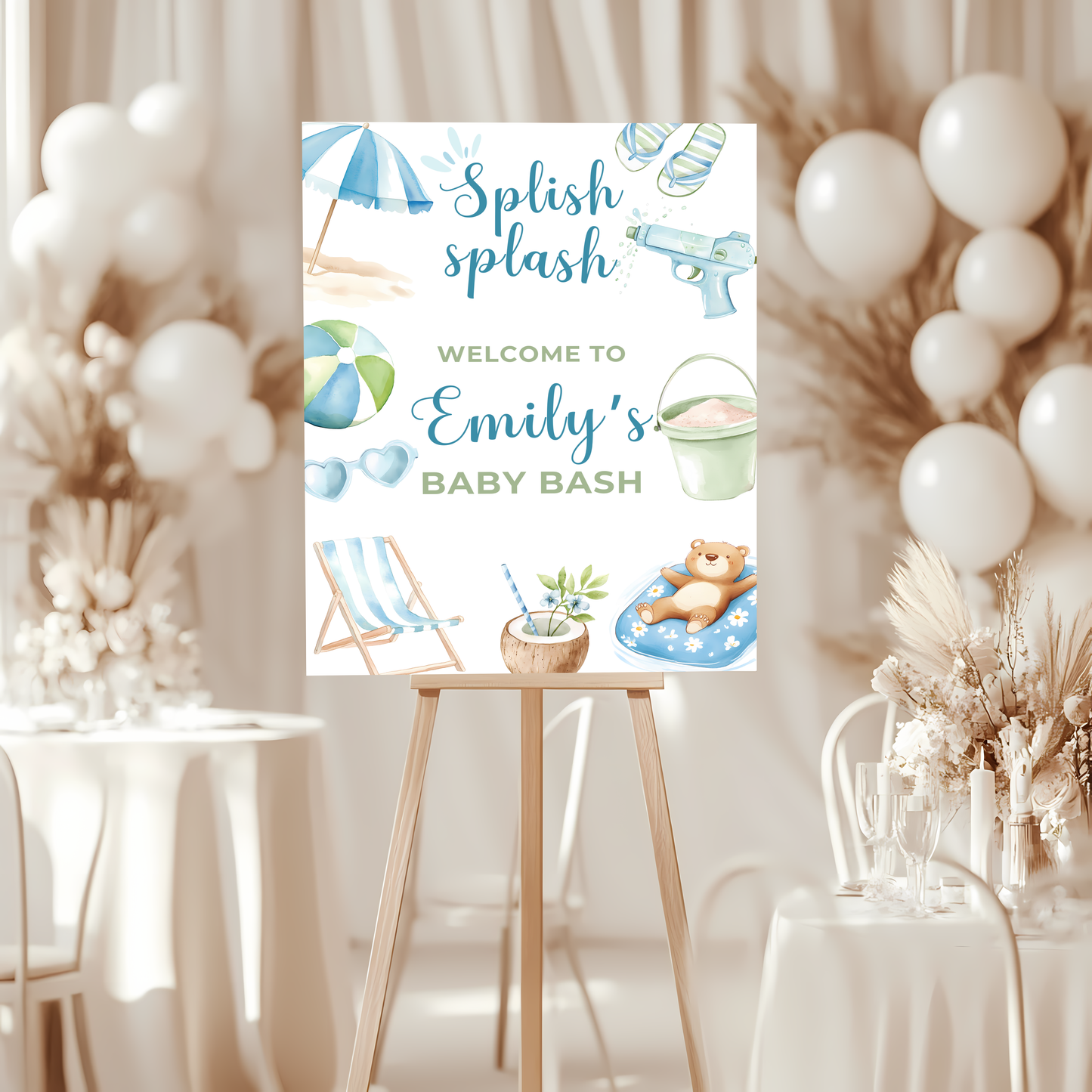Baby Shower Welcome Sign - Pool Party Splish Splash Baby Bash Blue & Green BS142