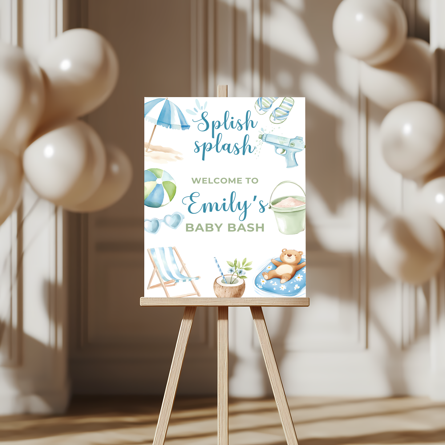 Baby Shower Welcome Sign - Pool Party Splish Splash Baby Bash Blue & Green BS142