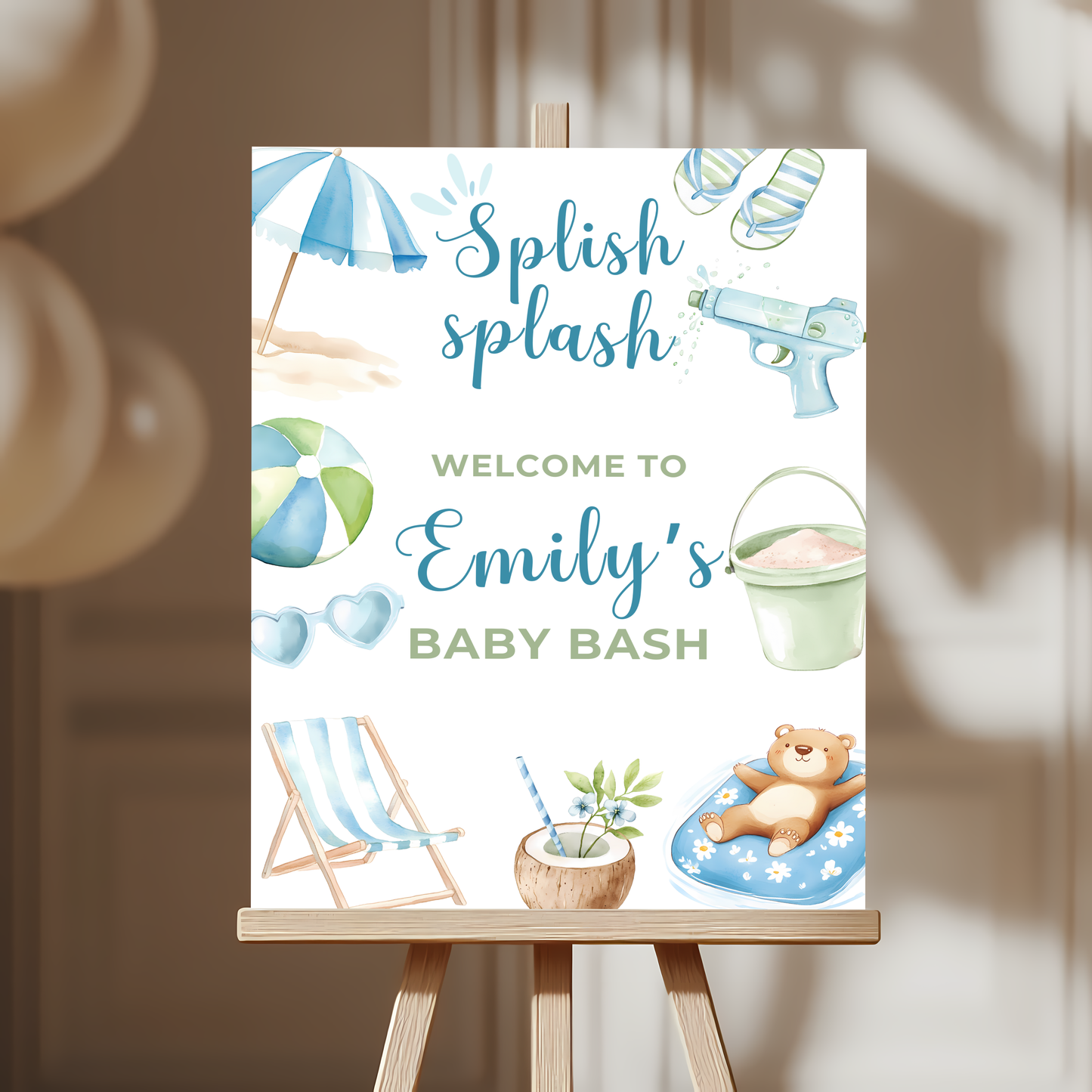 Baby Shower Welcome Sign - Pool Party Splish Splash Baby Bash Blue & Green BS142