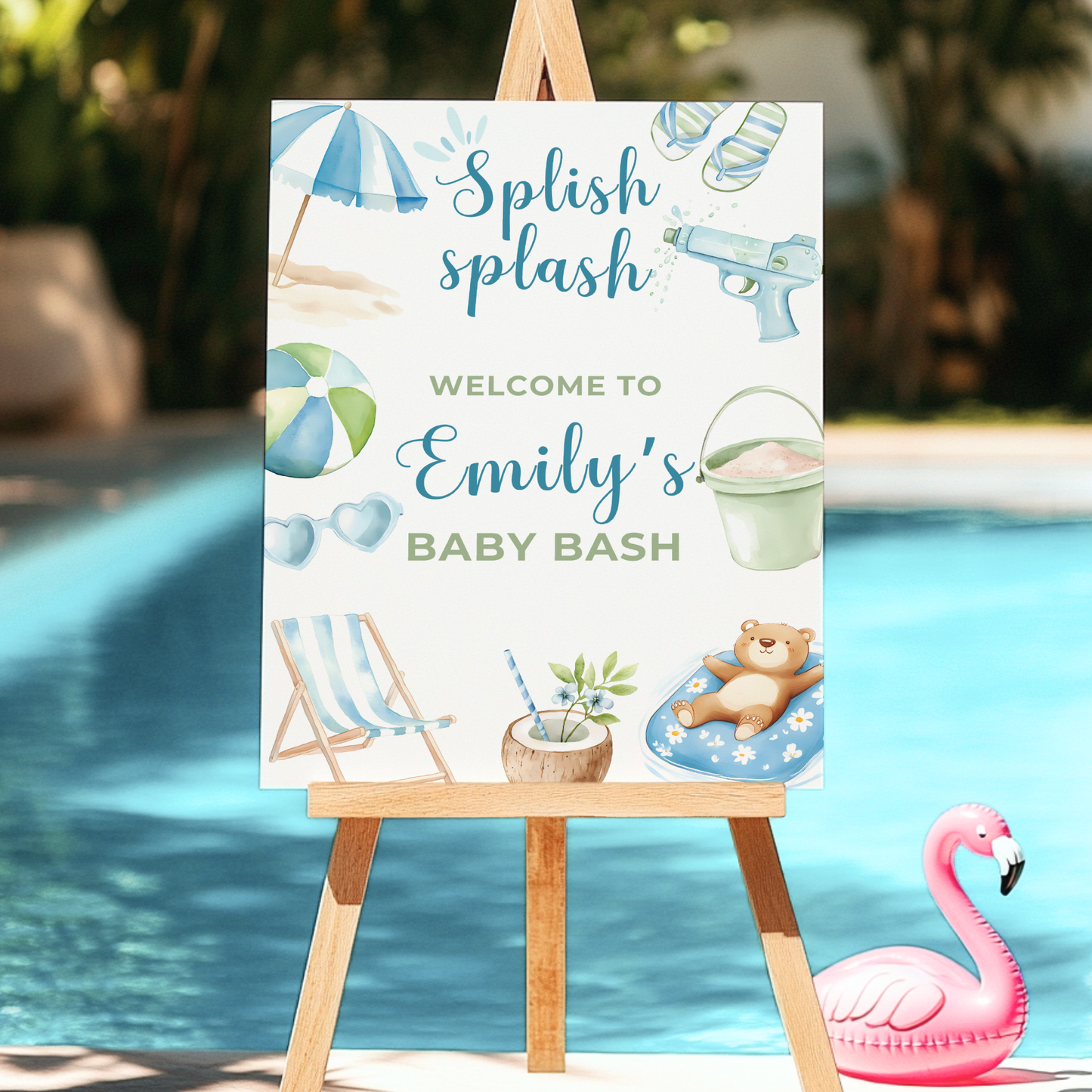 Baby Shower Welcome Sign - Pool Party Splish Splash Baby Bash Blue & Green BS142