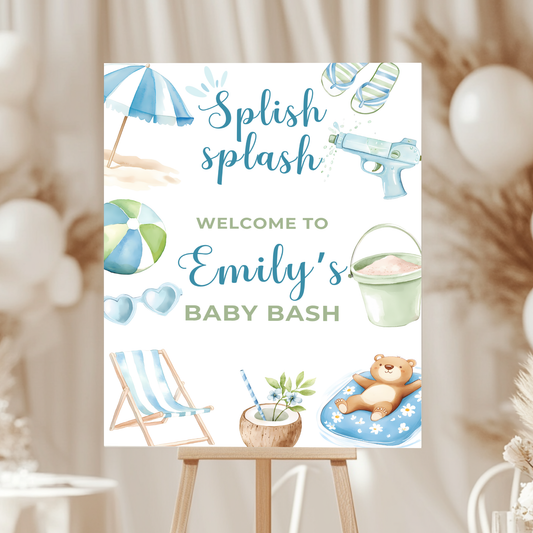 Baby Shower Welcome Sign - Pool Party Splish Splash Baby Bash Blue & Green BS142