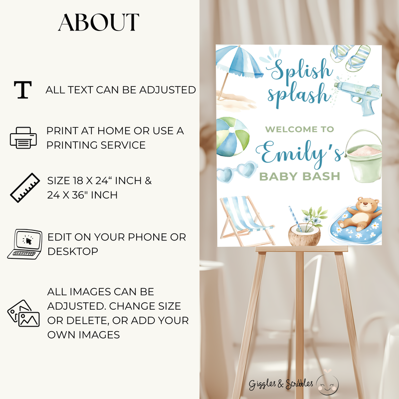 Baby Shower Welcome Sign - Pool Party Splish Splash Baby Bash Blue & Green BS142