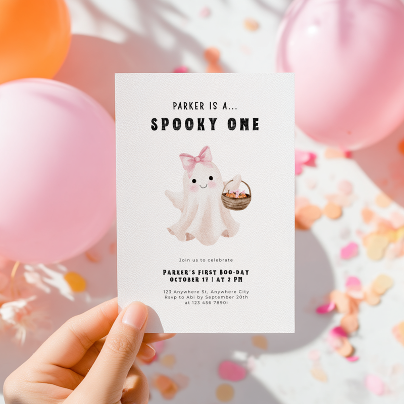 Spooky One Halloween First Birthday Invitation Cute Ghost L42