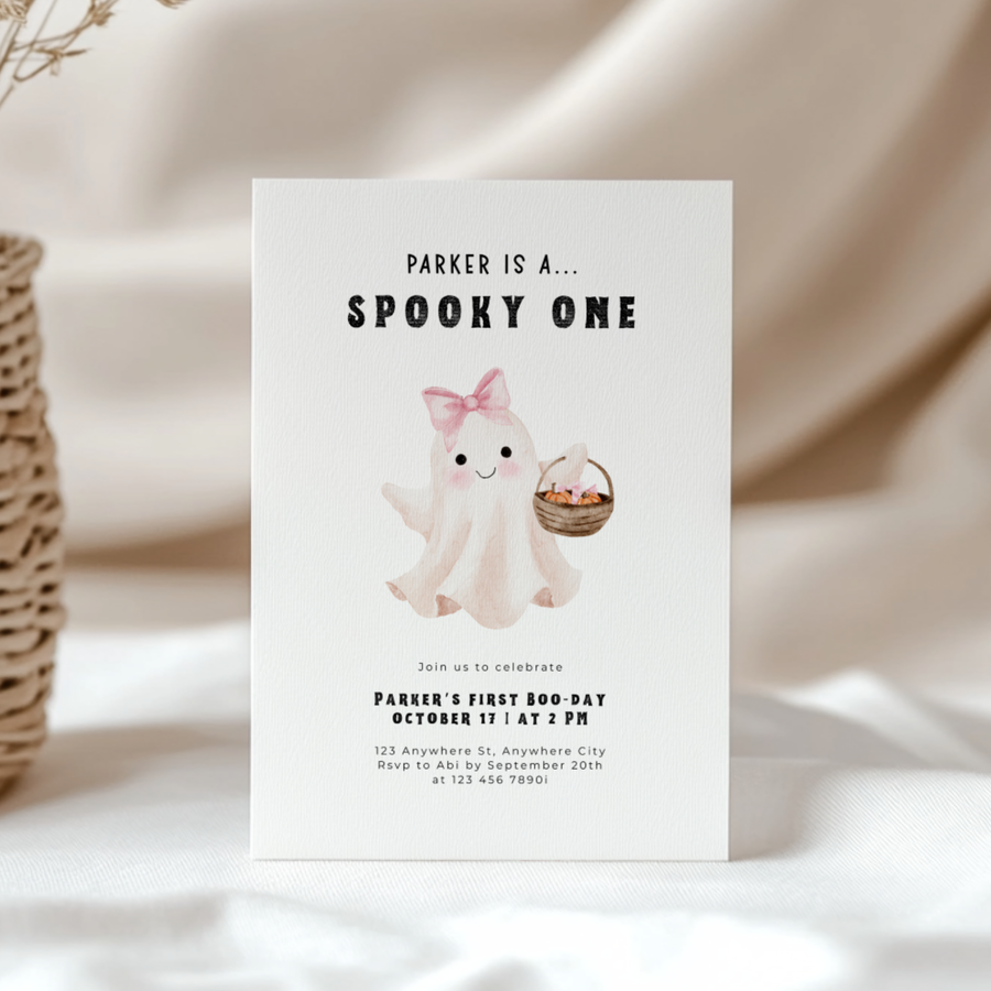 Spooky One Halloween First Birthday Invitation Cute Ghost L42