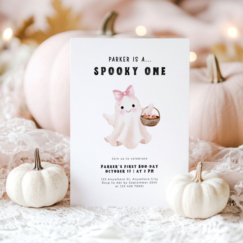 Spooky One Halloween First Birthday Invitation Cute Ghost L42