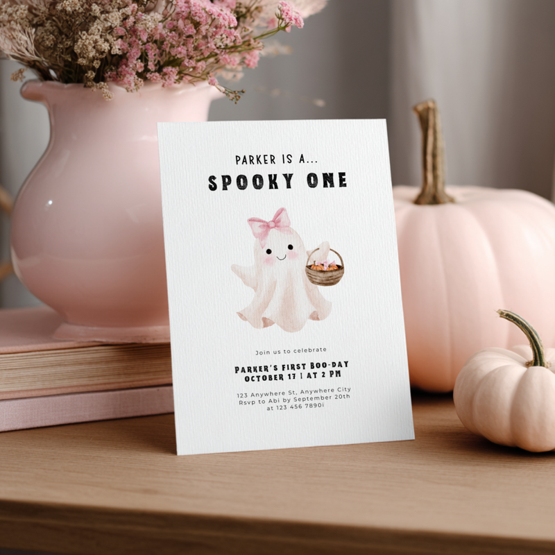 Spooky One Halloween First Birthday Invitation Cute Ghost L42