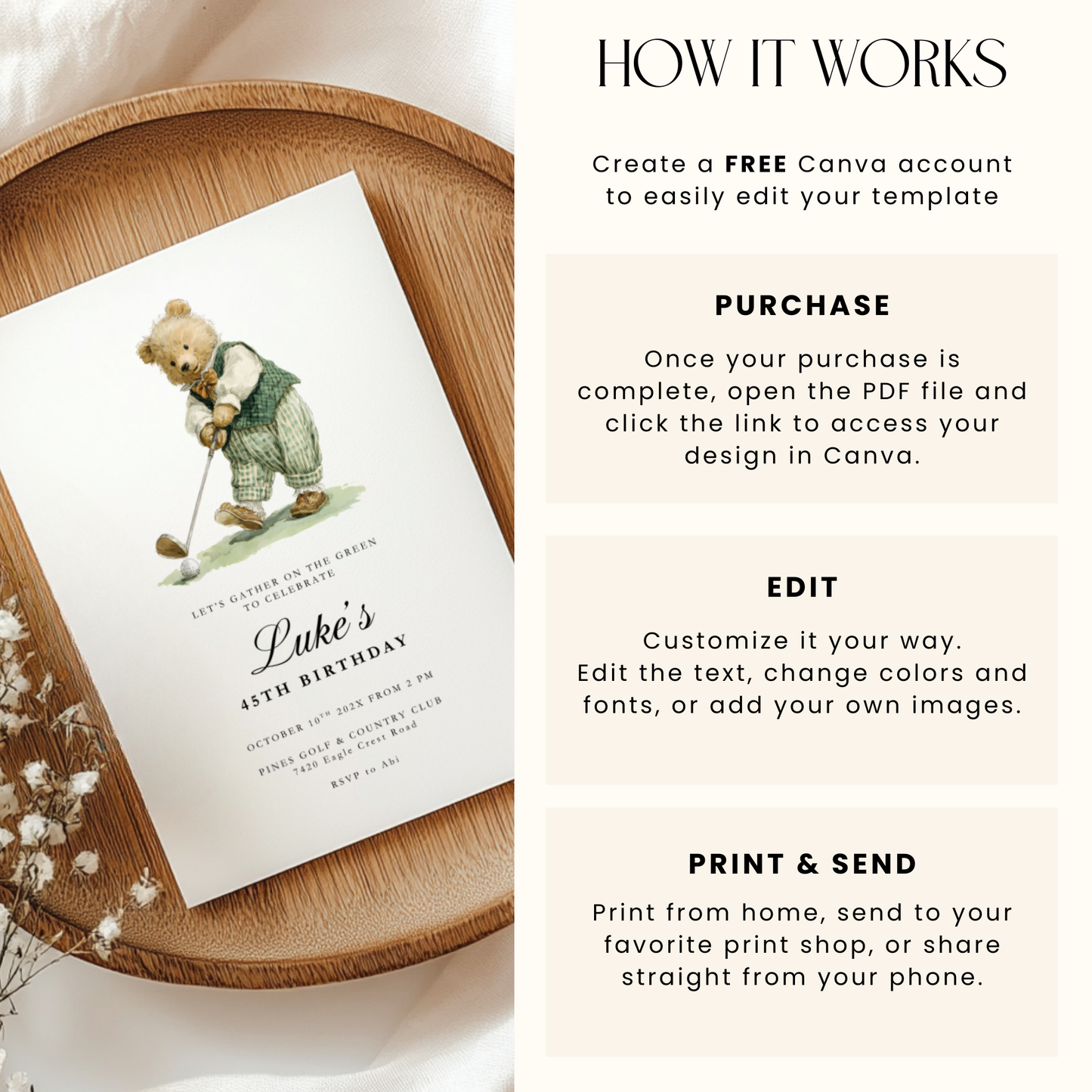 Golf Sports Bear Birthday Invitation Template L17