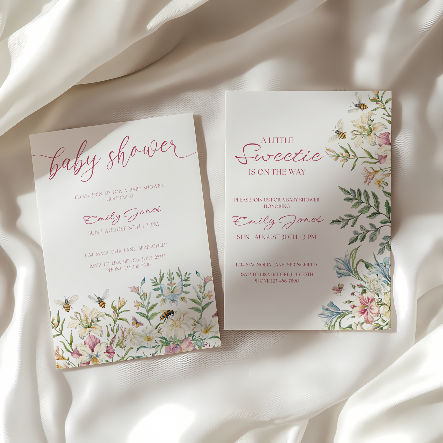 Baby Shower Invitation - A Little Sweetie Floral Spring Garden Party with Bees BS135