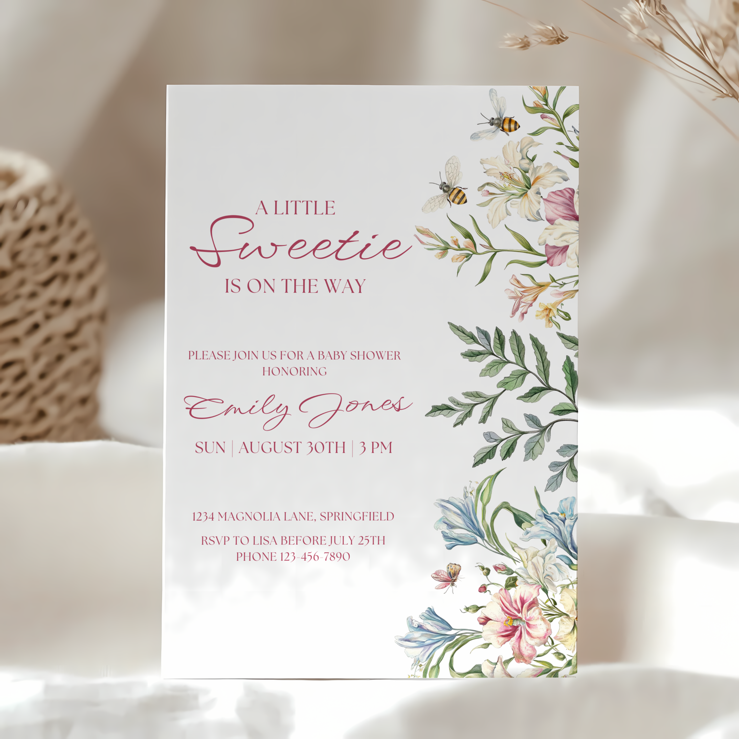 Baby Shower Invitation - A Little Sweetie Floral Spring Garden Party with Bees BS135