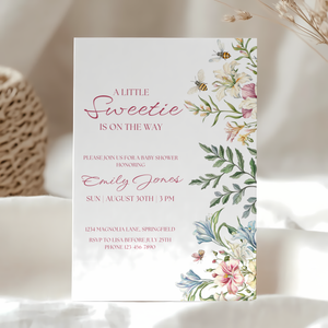 Baby Shower Invitation - A Little Sweetie Floral Spring Garden Party with Bees BS135