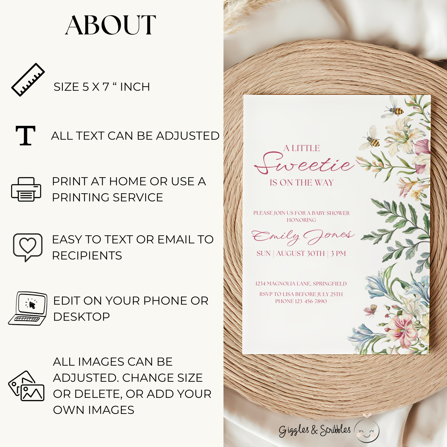 Baby Shower Invitation - A Little Sweetie Floral Spring Garden Party with Bees BS135