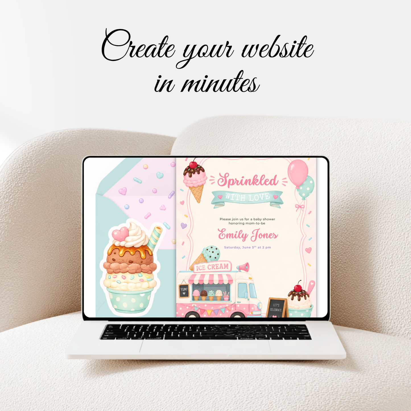 Sprinkled with Love Ice Cream Baby Shower Website Invitation with RSVP BS308