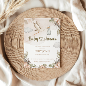 Baby Shower Invitation - Stork Carrying Baby Boho Beige BS104