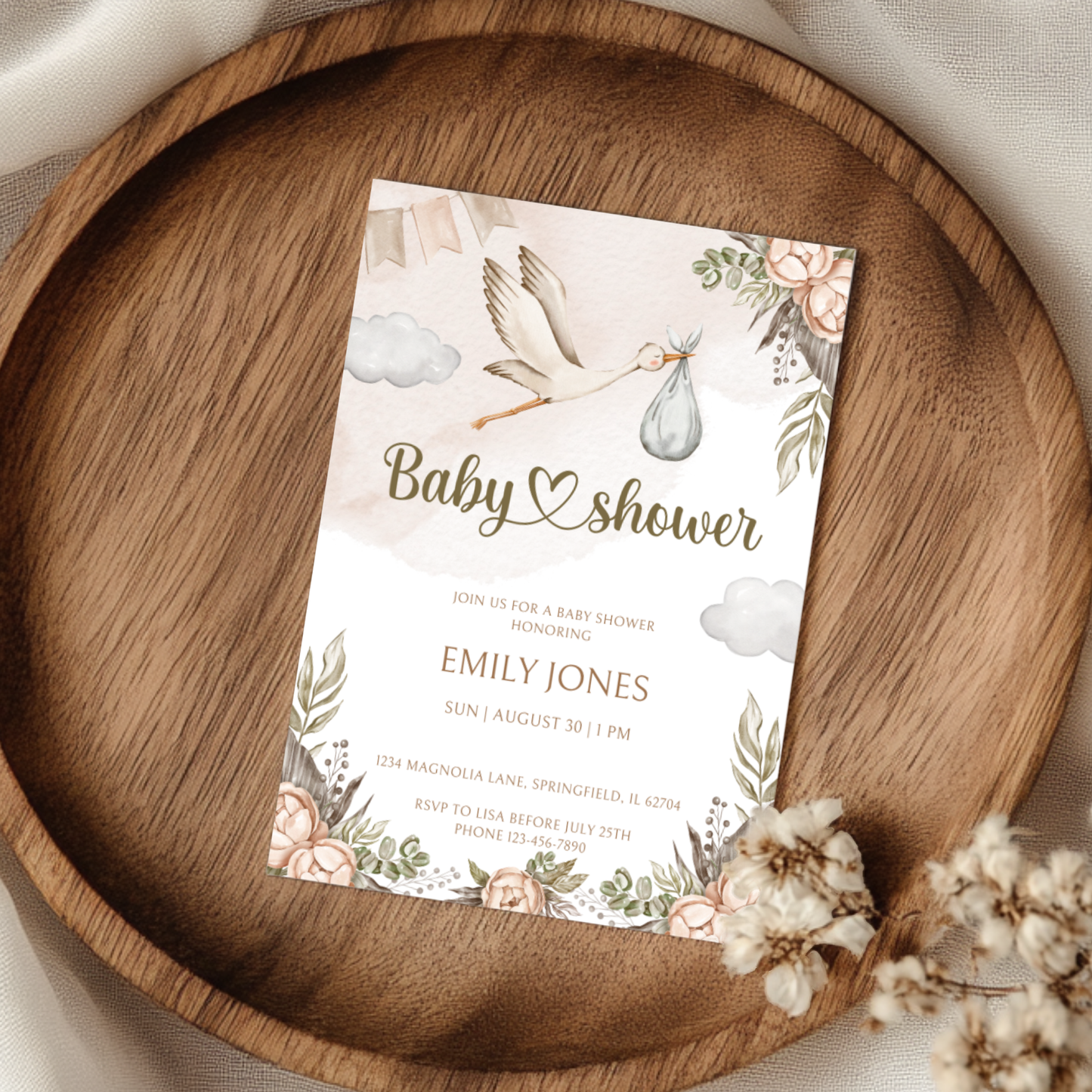 Baby Shower Invitation - Stork Carrying Baby Boho Beige BS104