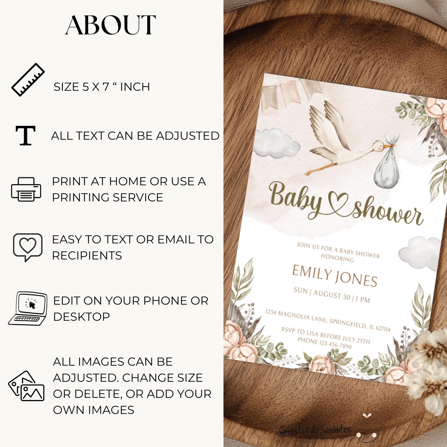 Baby Shower Invitation - Stork Carrying Baby Boho Beige BS104