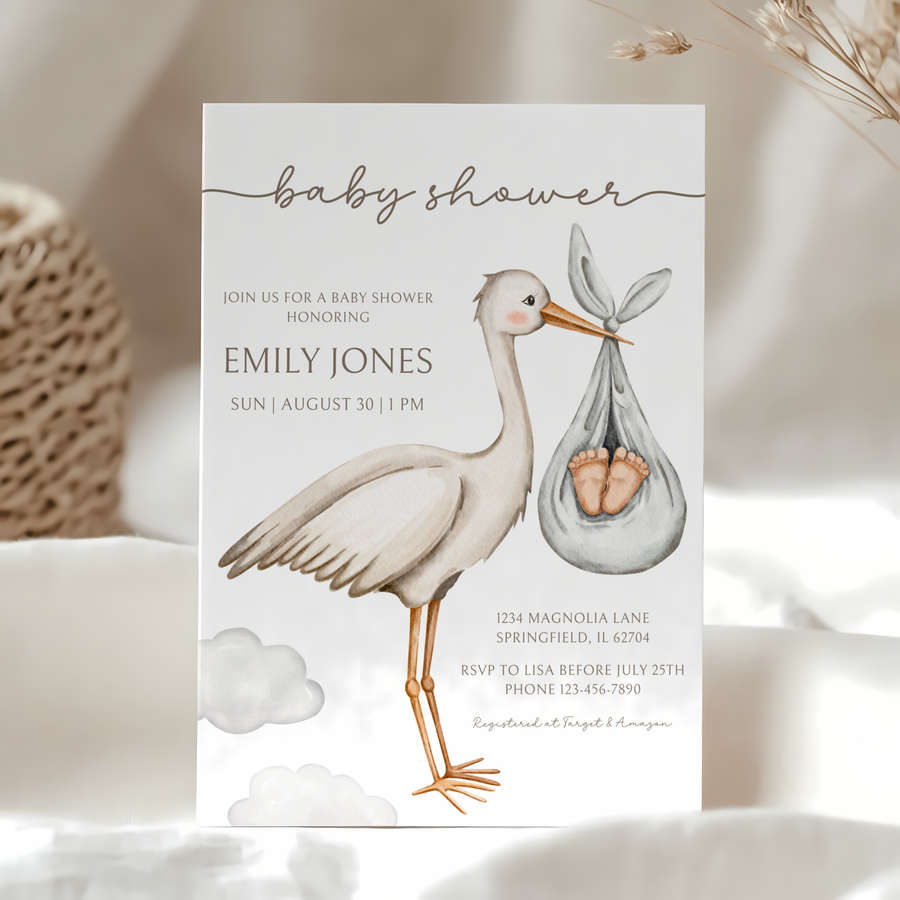 Baby Shower Invitation - Bundle Of Joy Stork Carrying BS107