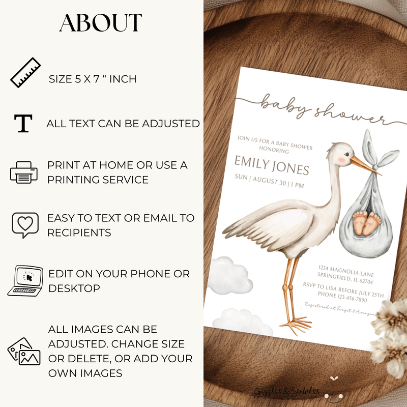 Baby Shower Invitation - Bundle Of Joy Stork Carrying BS107