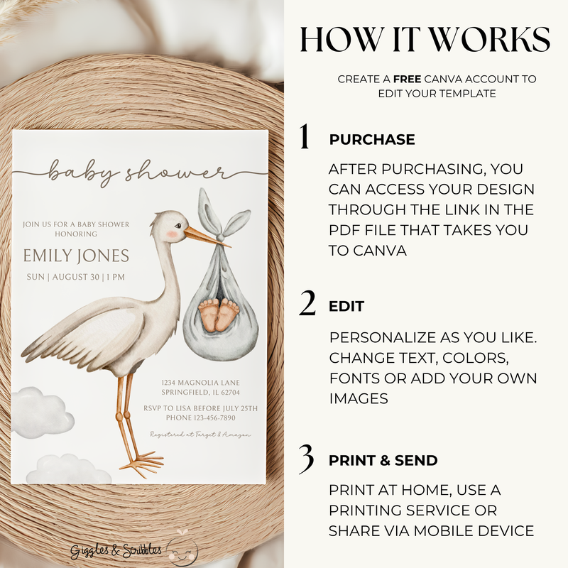 Baby Shower Invitation - Bundle Of Joy Stork Carrying BS107