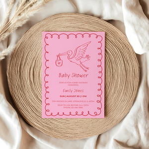 Baby Shower Invitation - Pink Hand Drawn Stork Red BS105