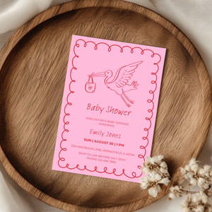 Baby Shower Invitation - Pink Hand Drawn Stork Red BS105