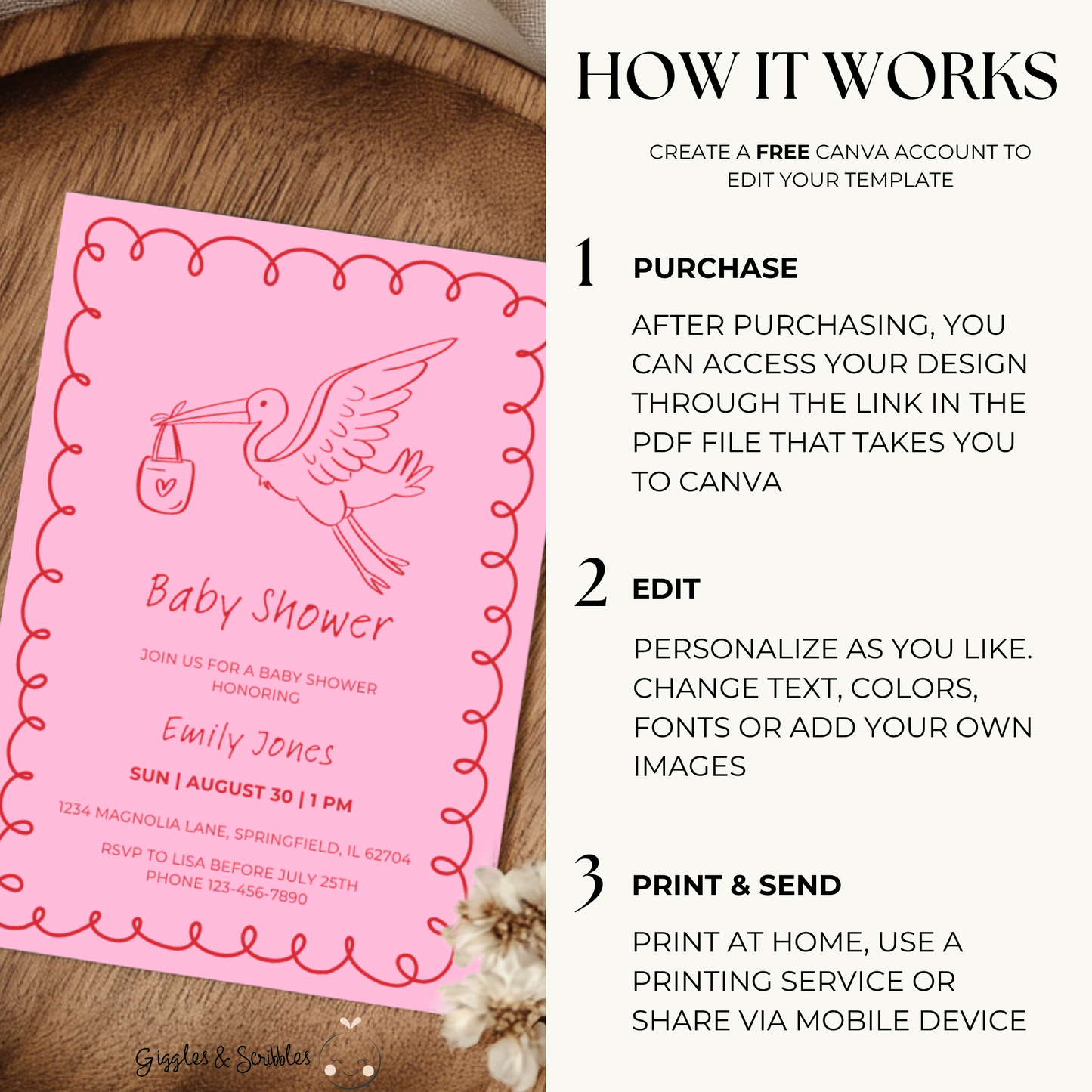 Baby Shower Invitation - Pink Hand Drawn Stork Red BS105
