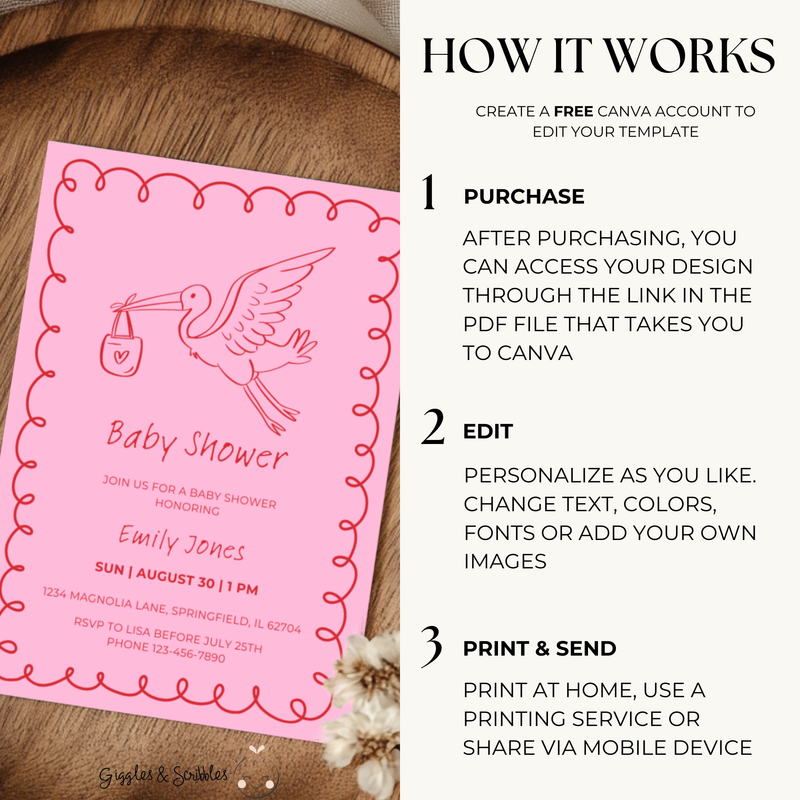 Baby Shower Invitation - Pink Hand Drawn Stork Red BS105