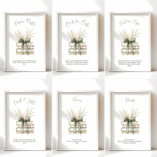 Baby Shower Table Sign Bundle - Sage Green Storybook A New Chapter BS72