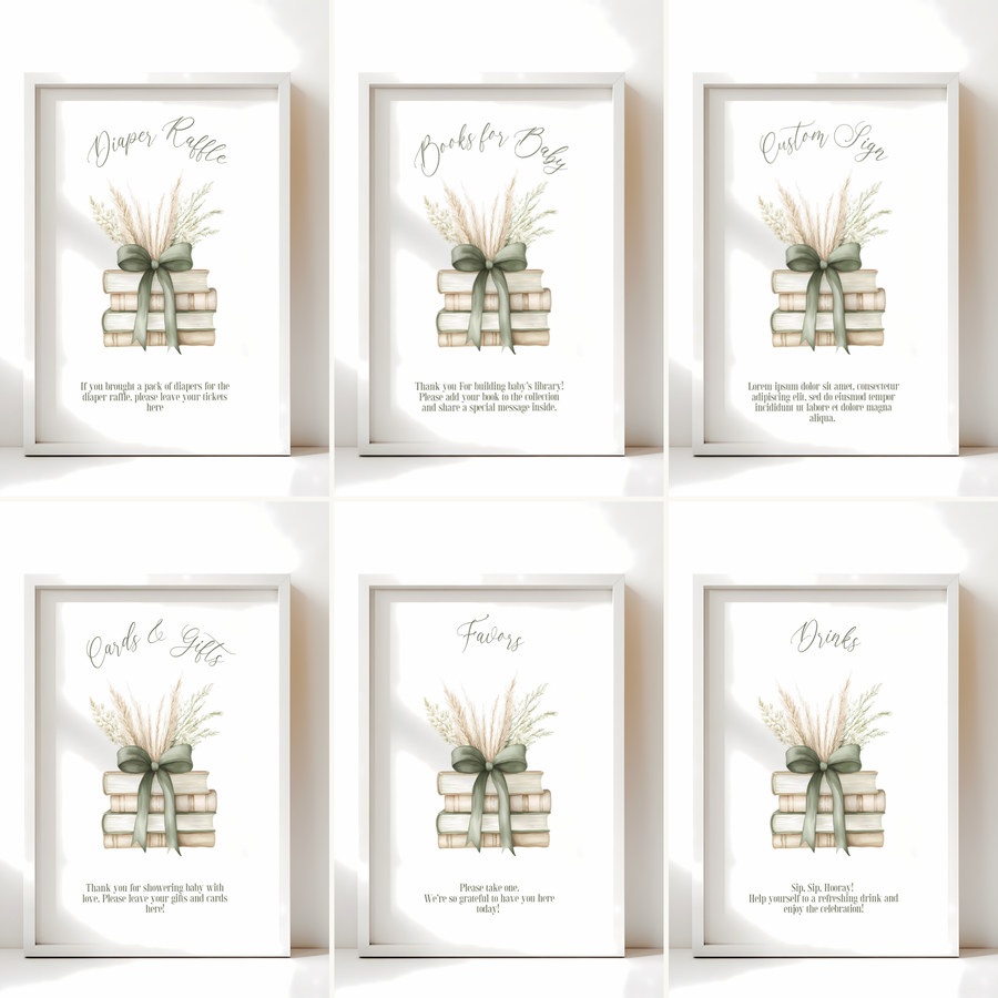 Baby Shower Table Sign Bundle - Sage Green Storybook A New Chapter BS72