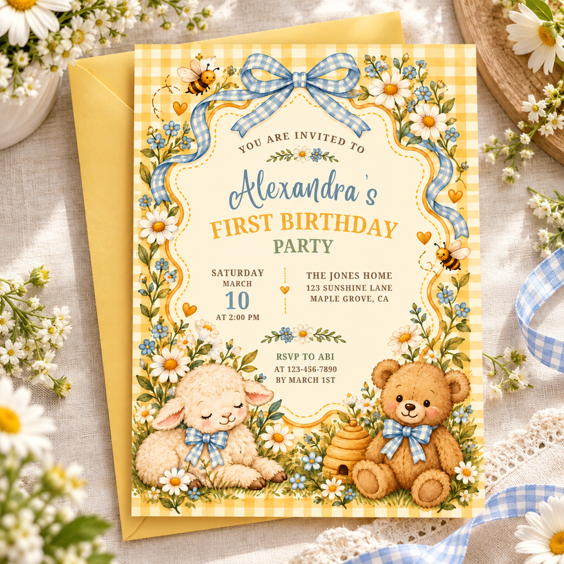 Storybook First Birthday Invitation – Yellow Gingham, Teddy Bear & Lamb L191
